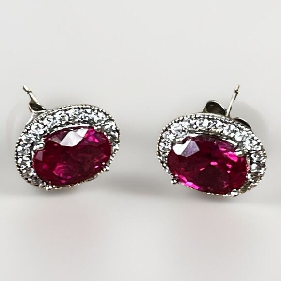 925 Sterling Silver 6 x 9 mm Blood Red Ruby & White Gemstone Halo Earrings